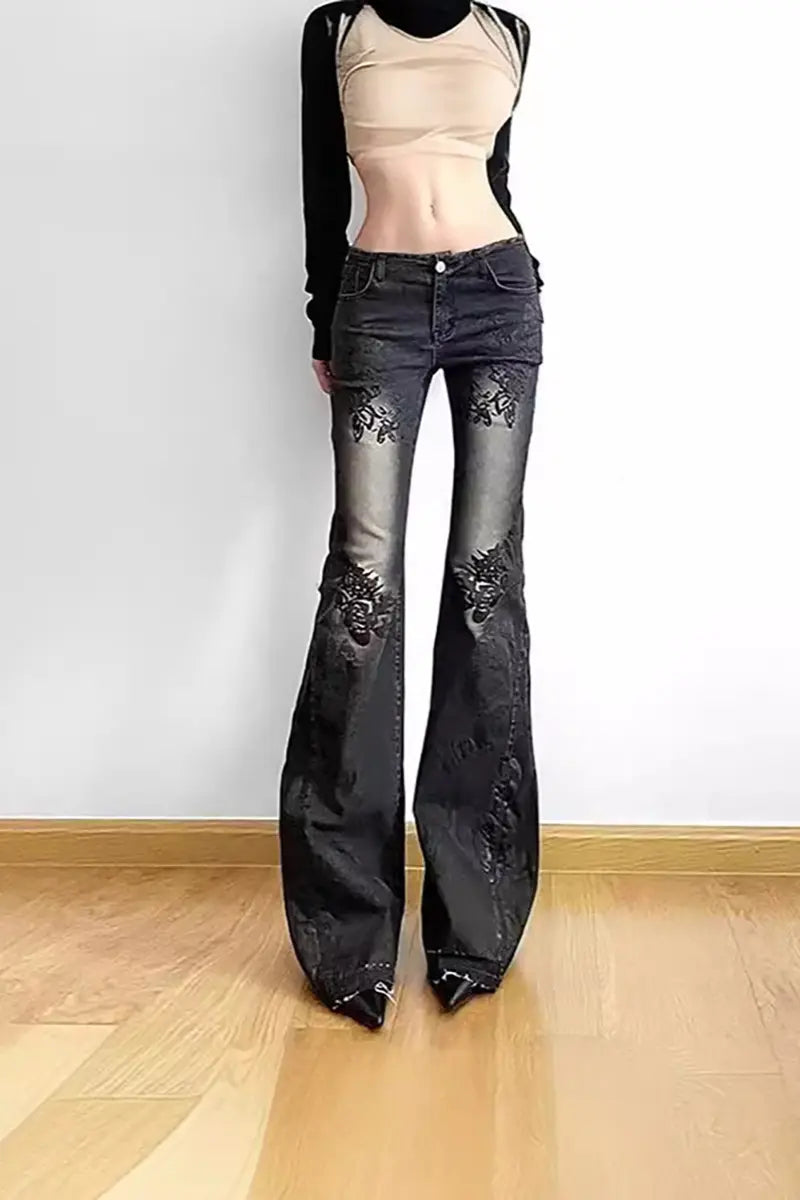 Vintage bloemen lage taille jeans