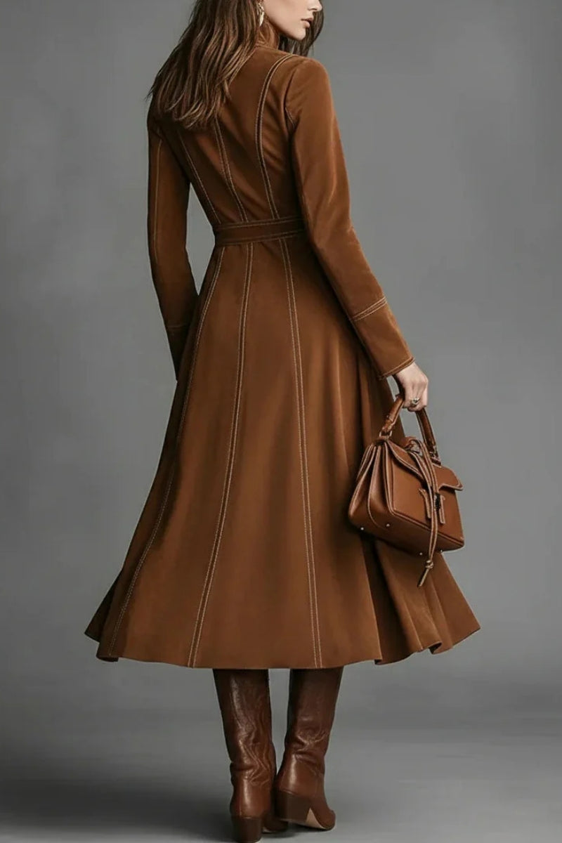 Brown Faux Suede Front Zipper Belted Elegant Maxi Dress