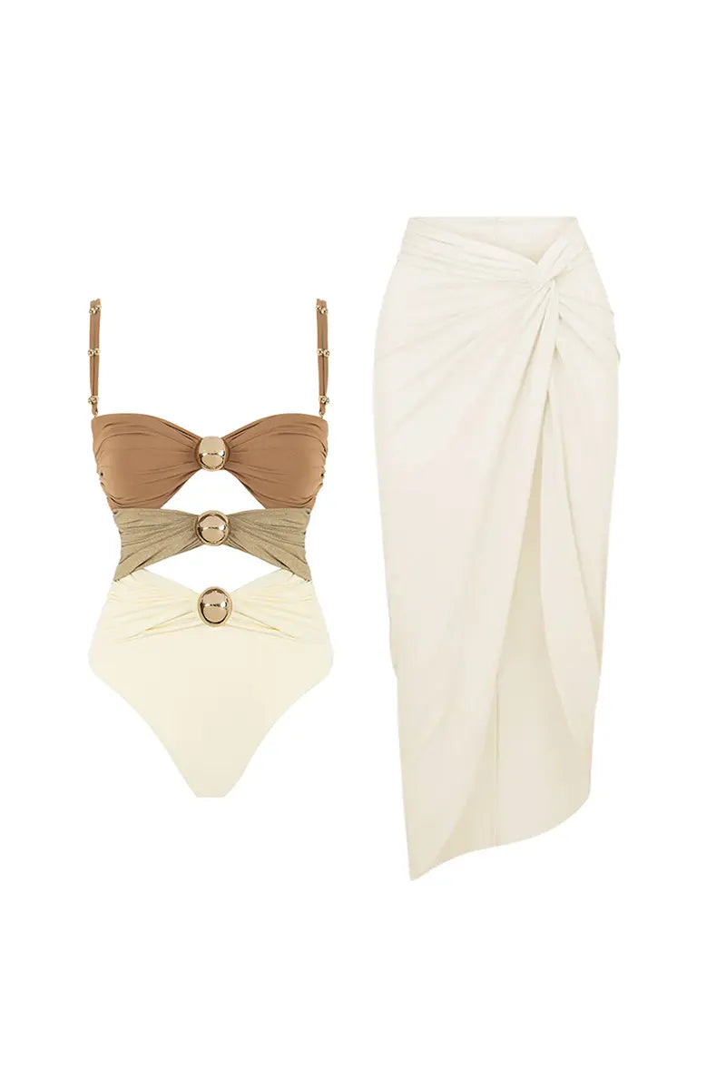 Morandi Colorblock High-Waist Hot Spring Swimsuit Set