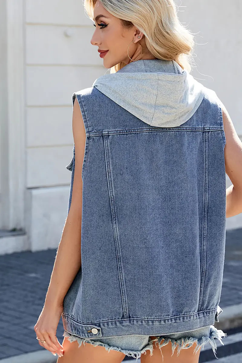 Trendy casual denim vest met capuchon