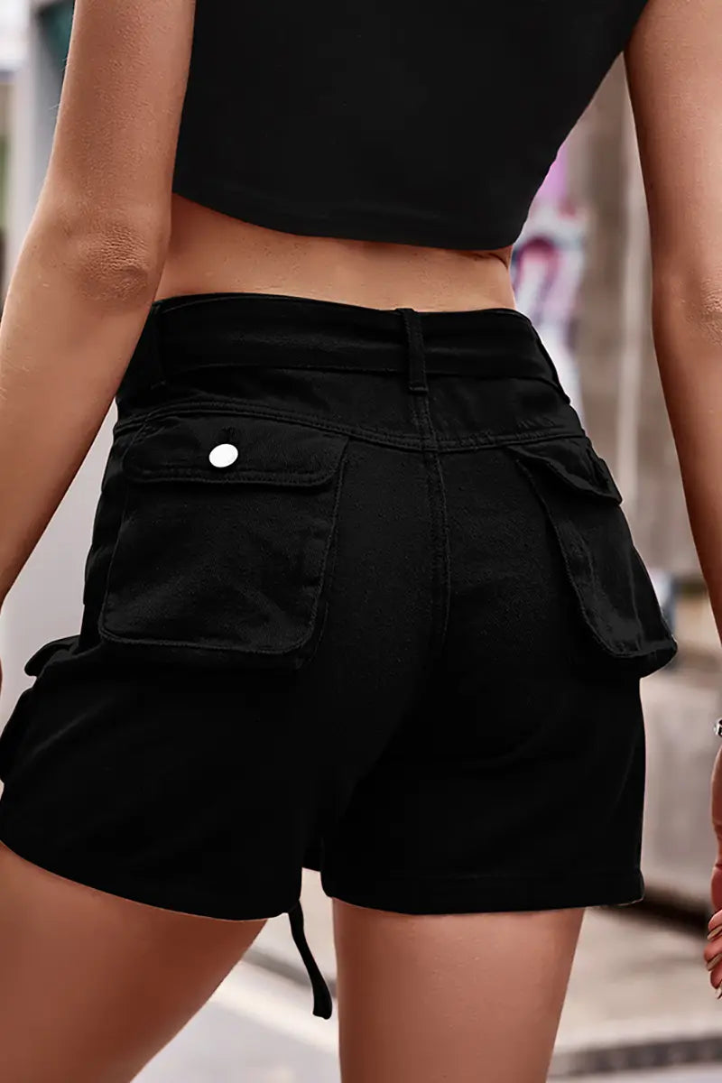 Belted Utility Denim Cargo Shorts