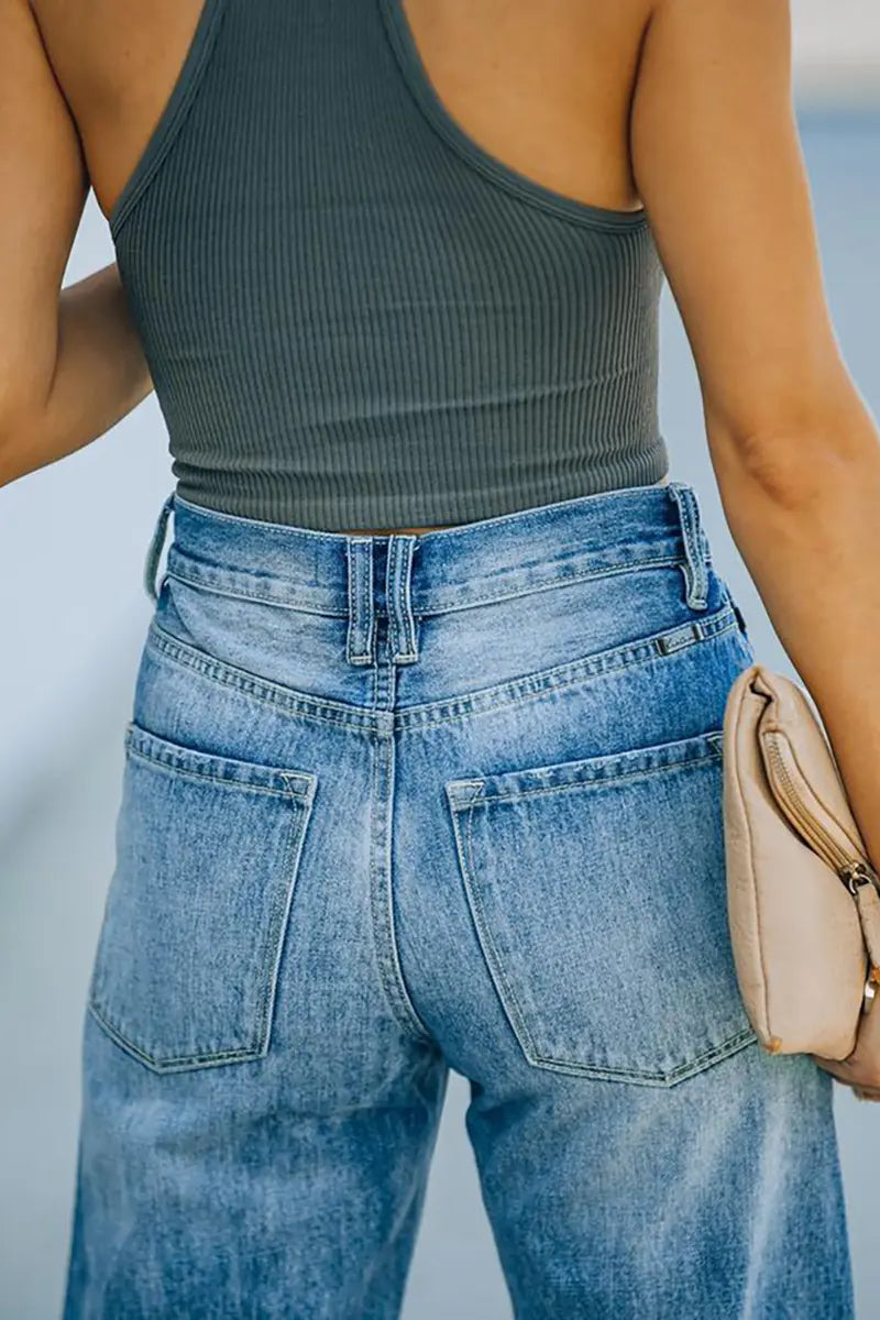 High-Waist Ripped Wide-Leg Denim Pants