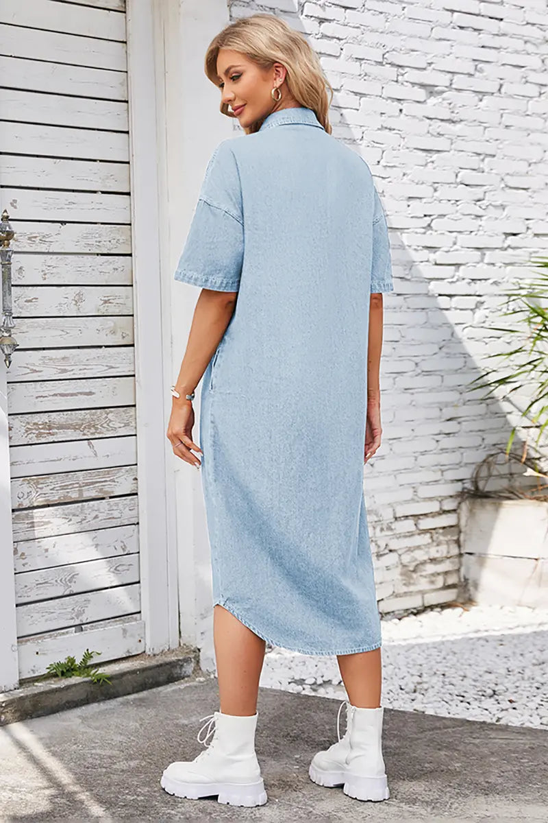 Loose-Fit Denim Short-Sleeve Maxi Dress
