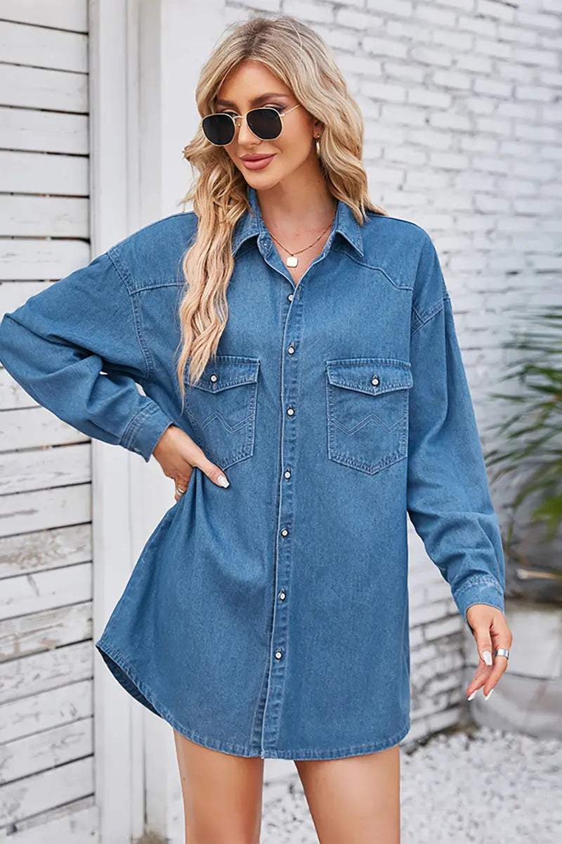 Vintage gewassen denim midi-jurk met lange mouwen