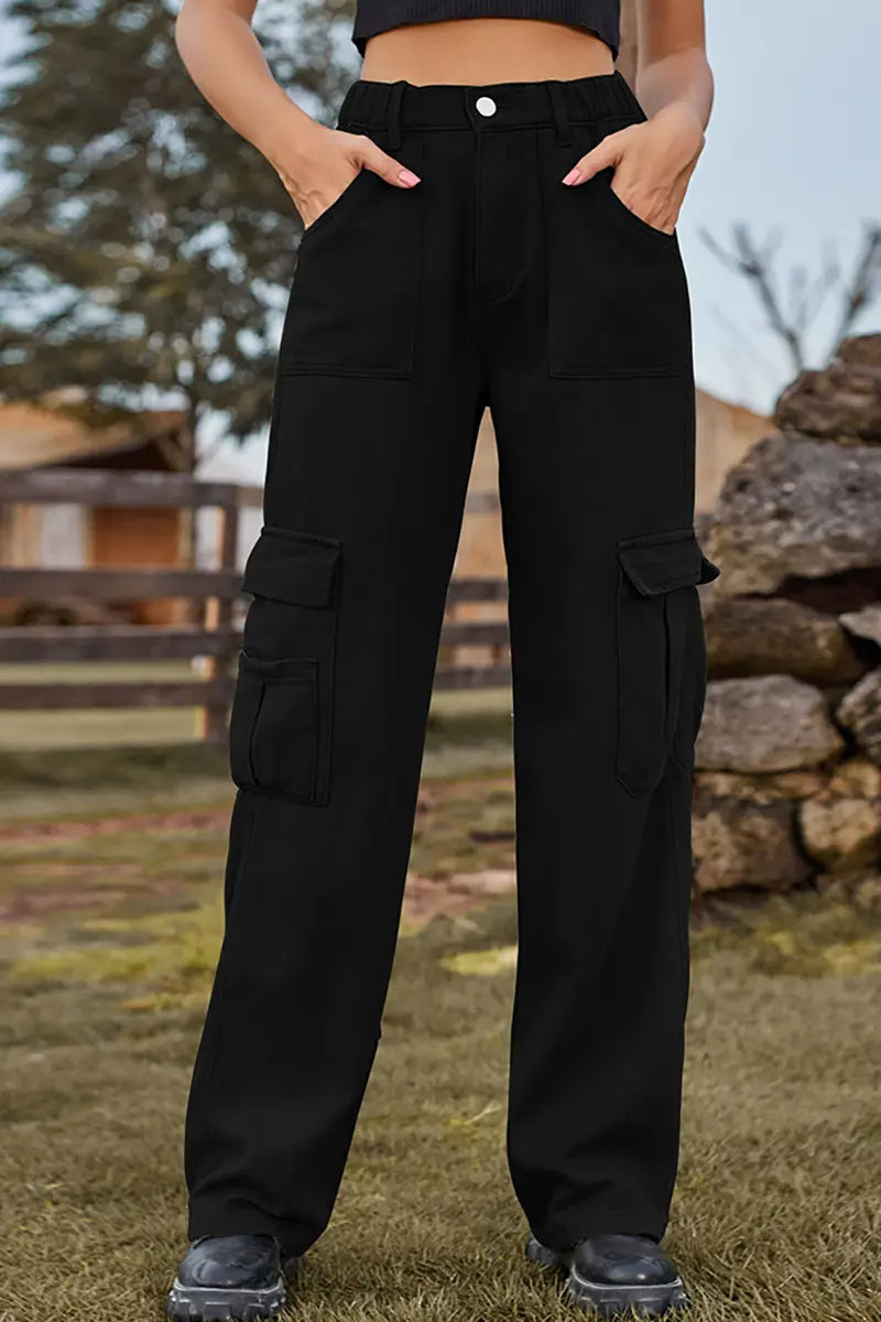 American Style Elastic-Waist Denim Cargo Pants
