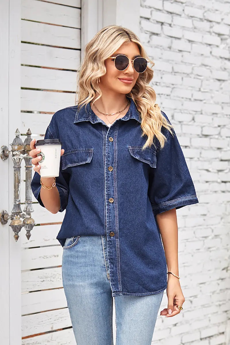 Korte mouwen casual denim overhemd met knopen