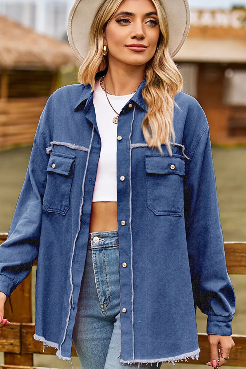 Frayed Hem Washed Denim Fringe Shirt