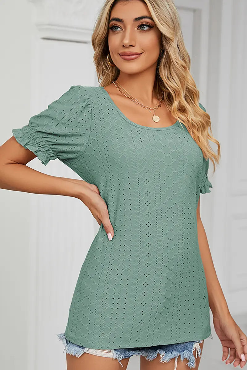 Zomer Effen Crew-Neck Top met Prinsessenhals en Mouwen