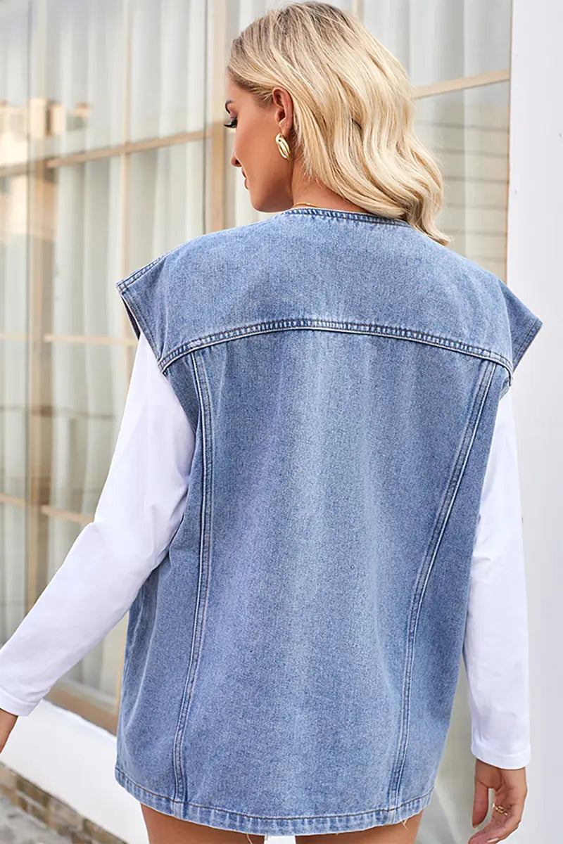 Trendy gewassen denimvest met meerdere zakken