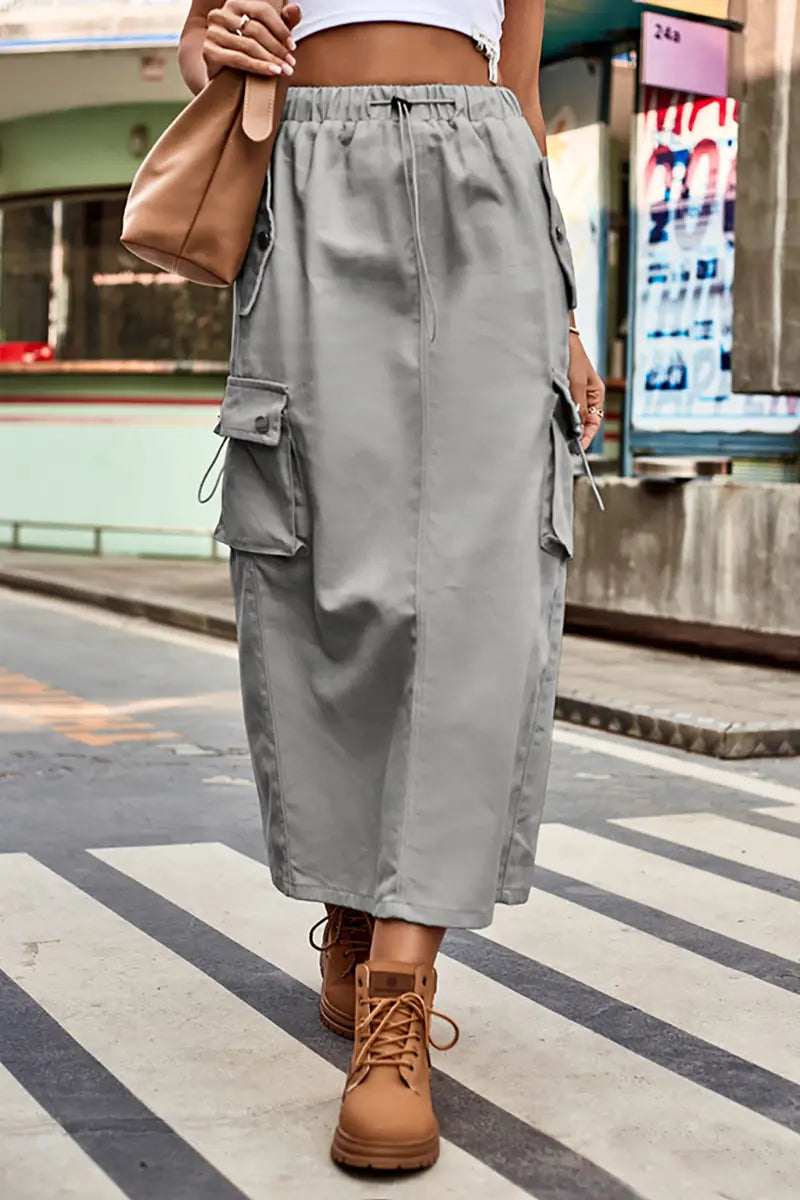 Drawstring Denim Cargo Midi Skirt