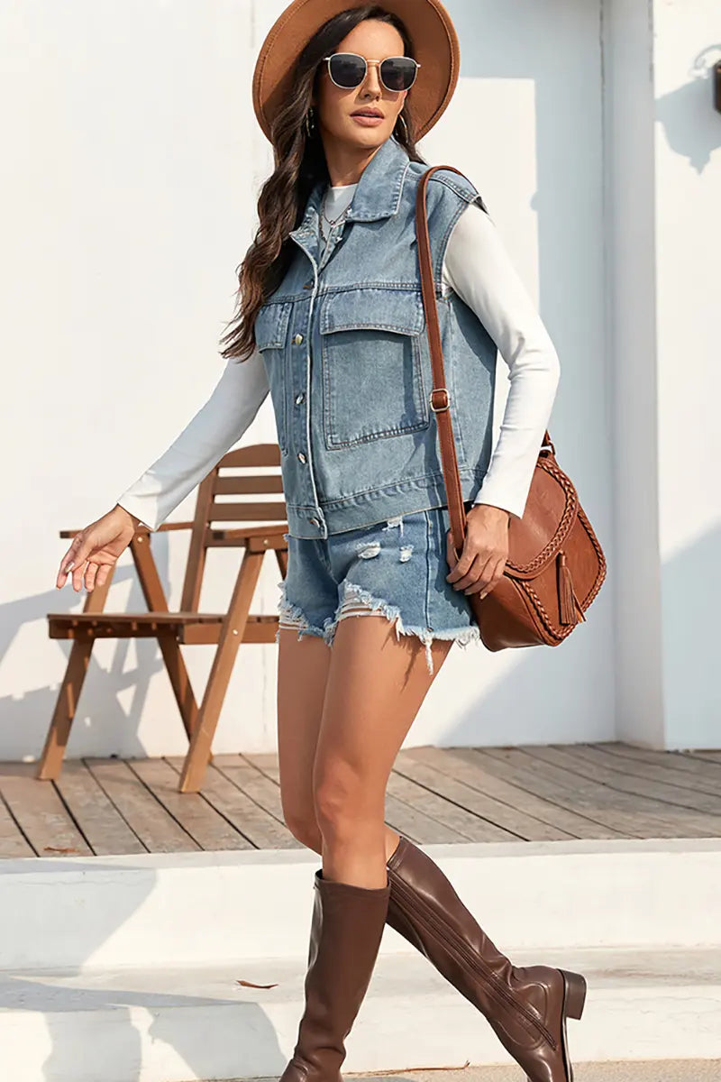 Zomergewassen denim blouse zonder mouwen