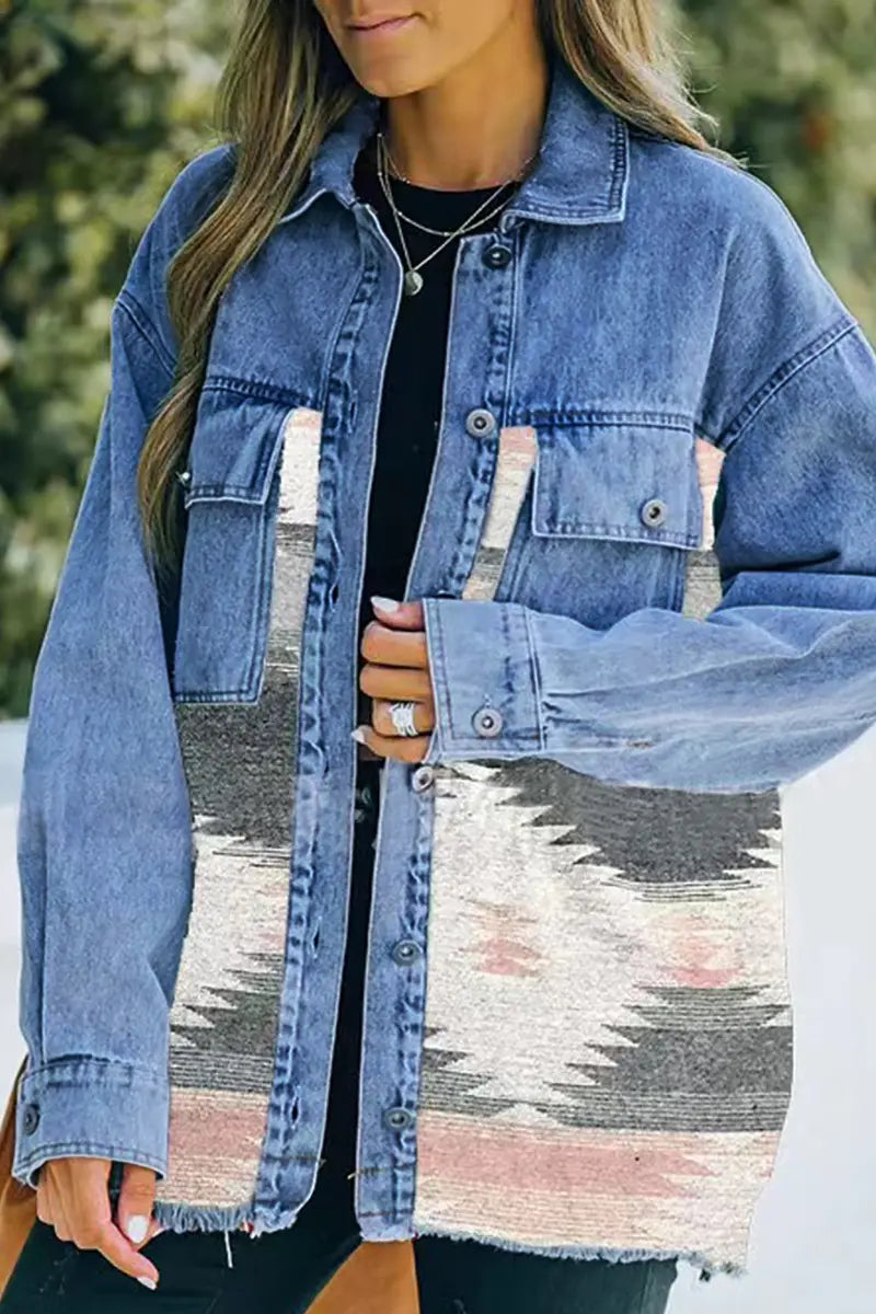 Boho Geometric Patchwork Denim Wool Coat