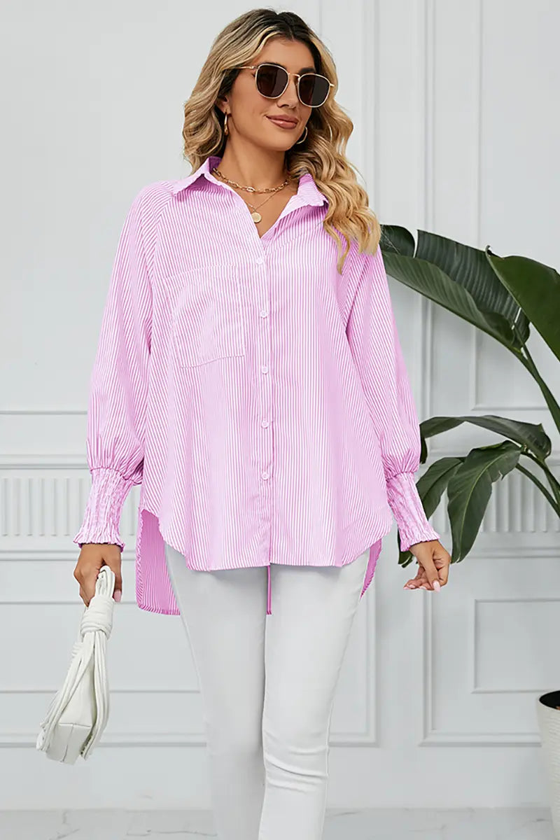 Loose-Fit Pleated Cuff Striped Shirt