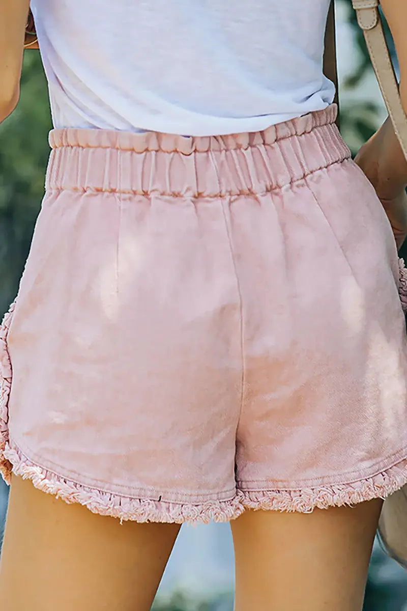 Frayed Lace Denim Elastic Waist Shorts