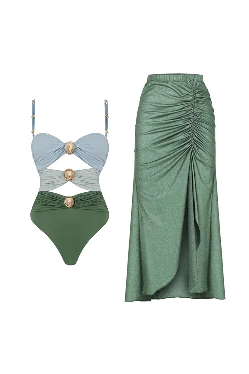 Morandi Green Colorblock High-Waist Swimsuit Set