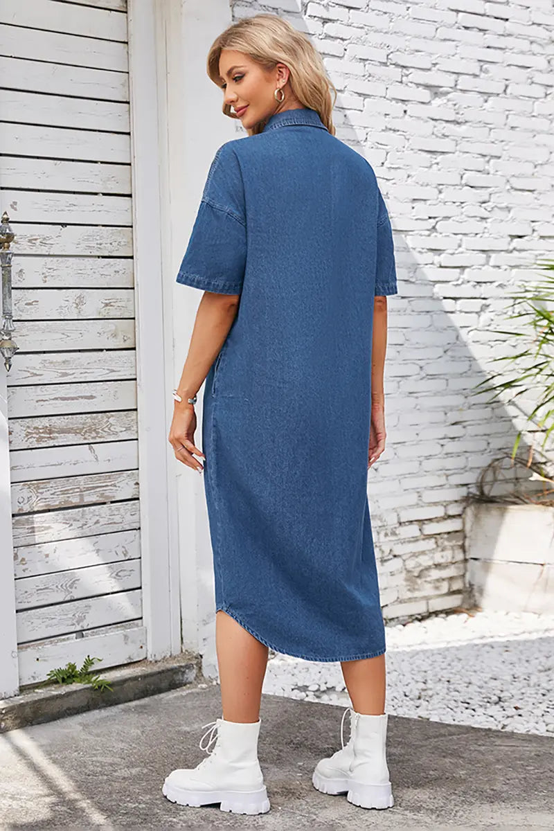 Loose-Fit Denim Short-Sleeve Maxi Dress