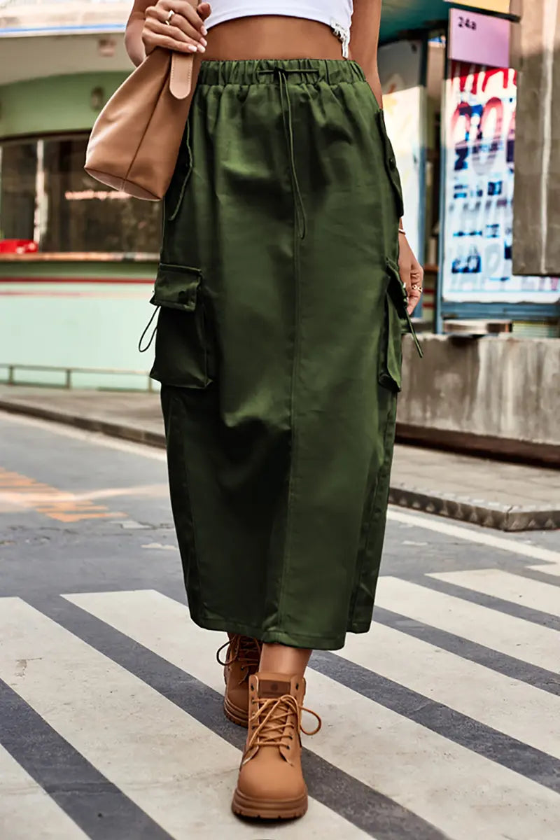 Drawstring Denim Cargo Midi Skirt