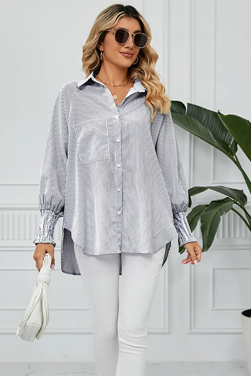 Loose-Fit Pleated Cuff Striped Shirt