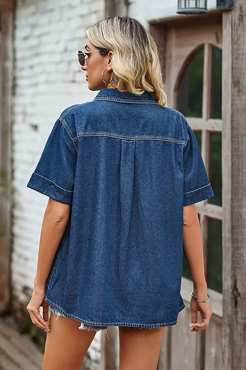 Slim-Fit Lichtgewicht Denim Korte Mouwen Overhemd