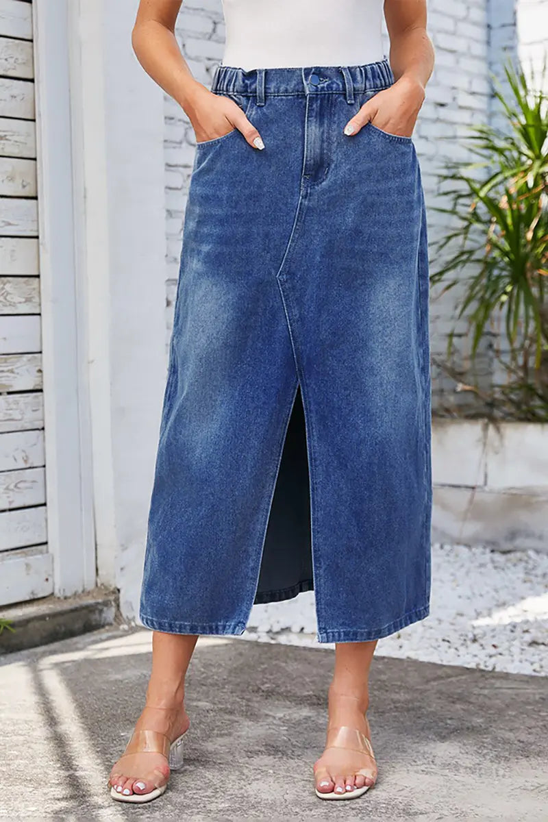 Gewassen elastische taille denim midi rok