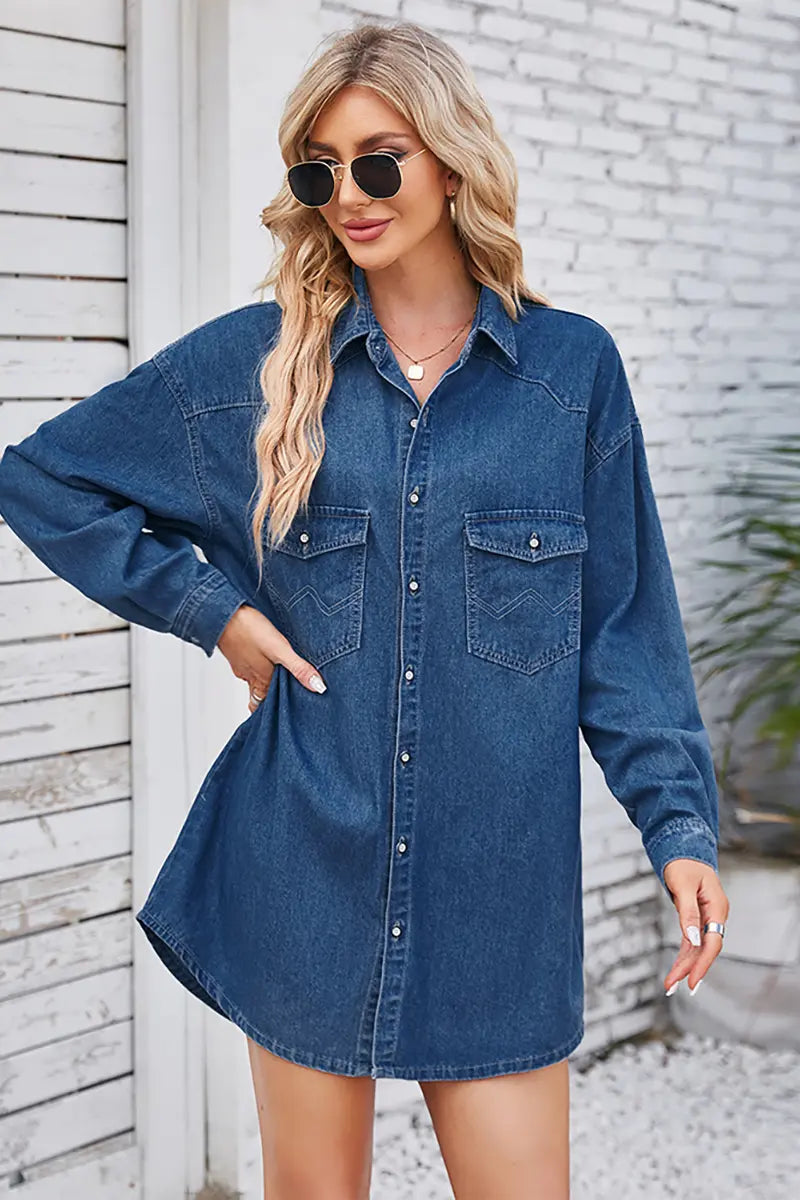 Vintage gewassen denim midi-jurk met lange mouwen