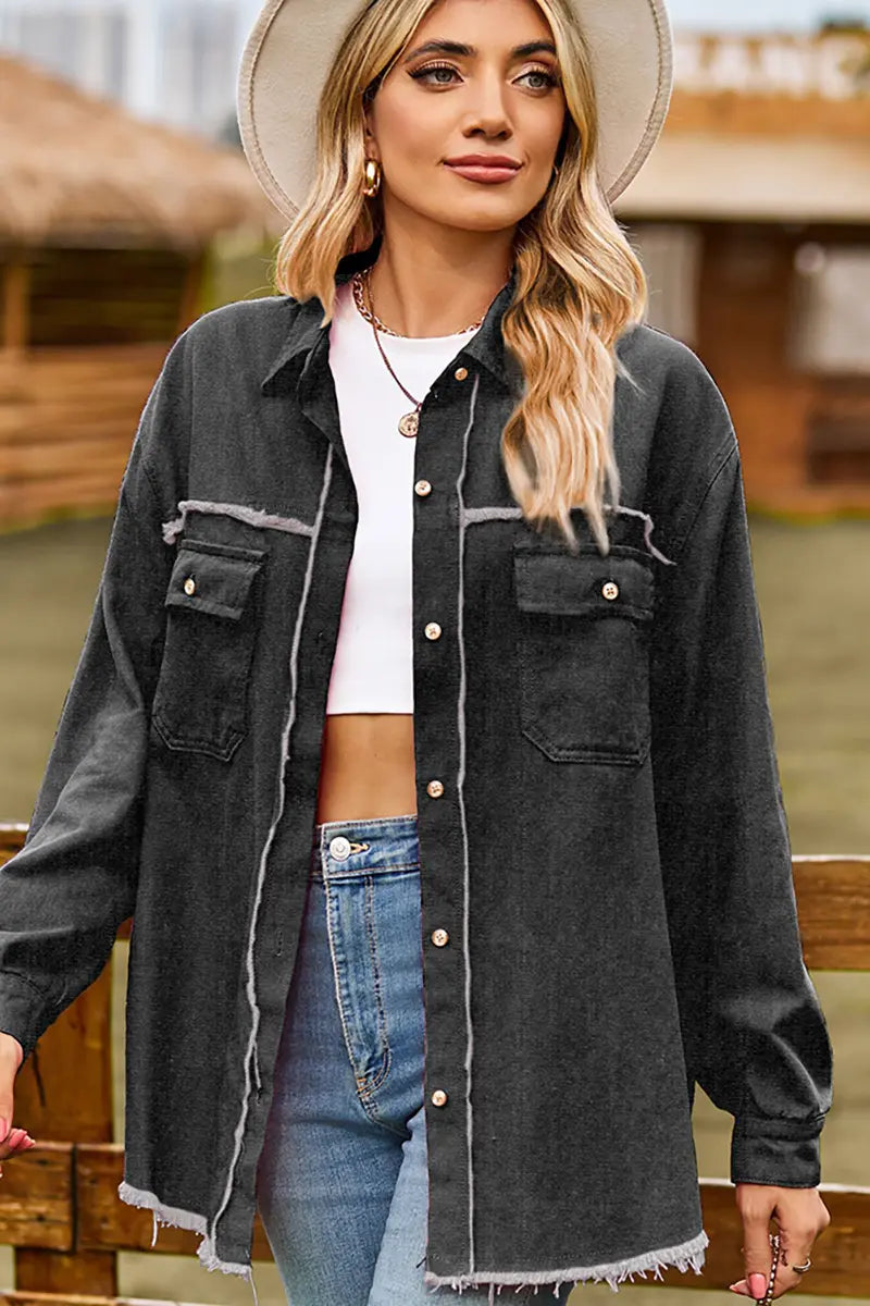 Frayed Hem Washed Denim Fringe Shirt
