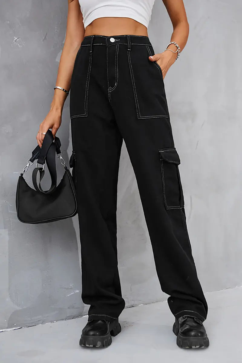 Vintage elastische taille ontspannen pasvorm denim cargobroek