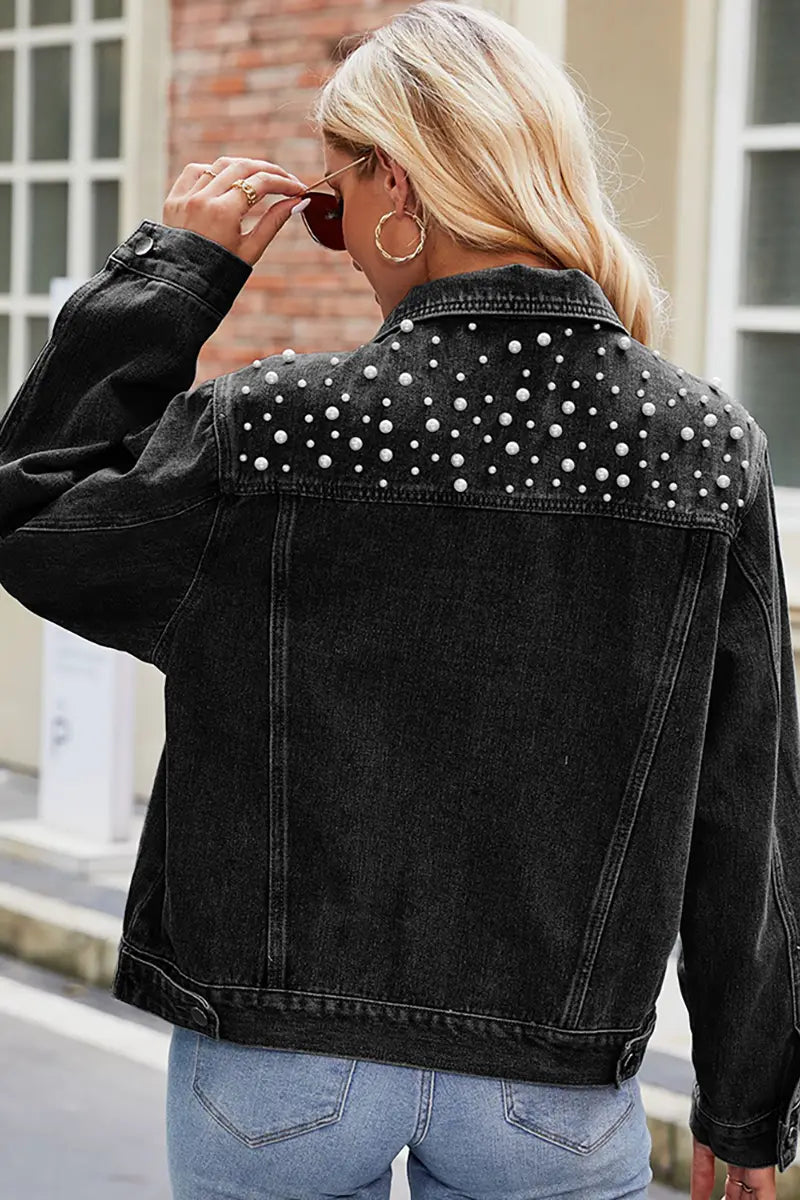 Slim-Fit Denimjack met Parel-Schouders