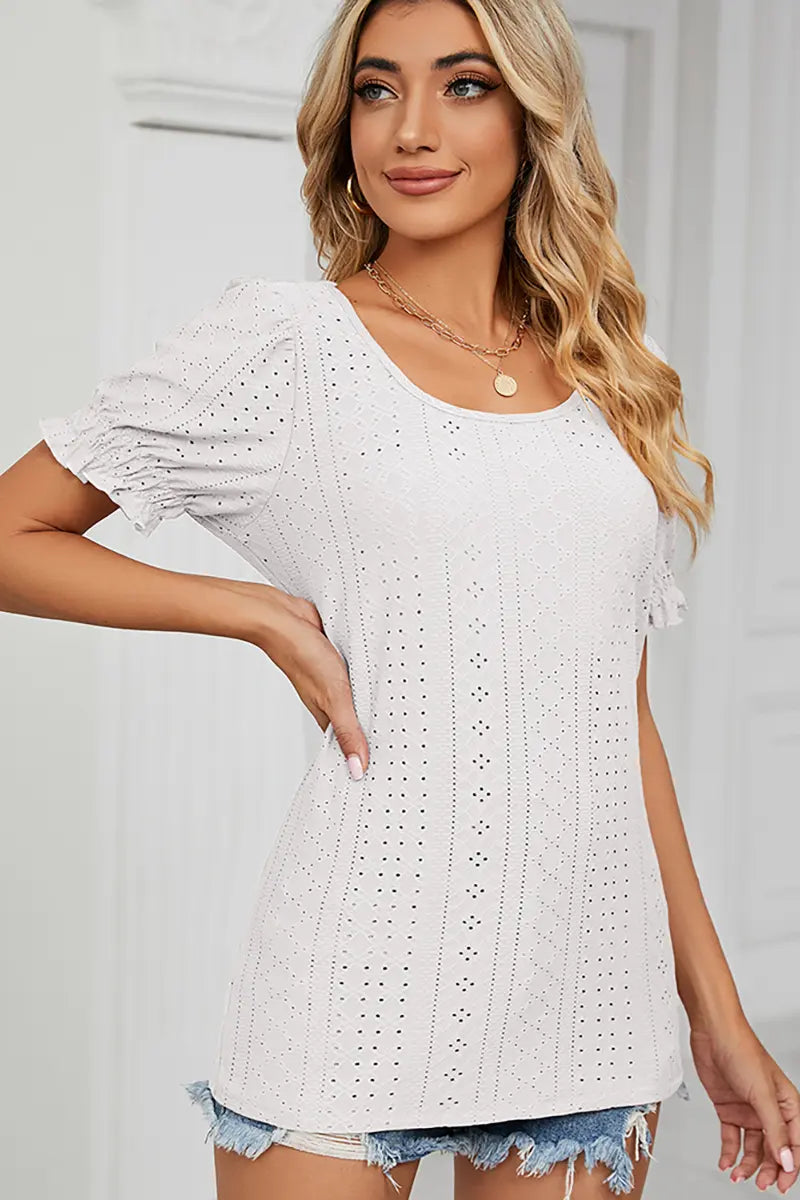 Zomer Effen Crew-Neck Top met Prinsessenhals en Mouwen