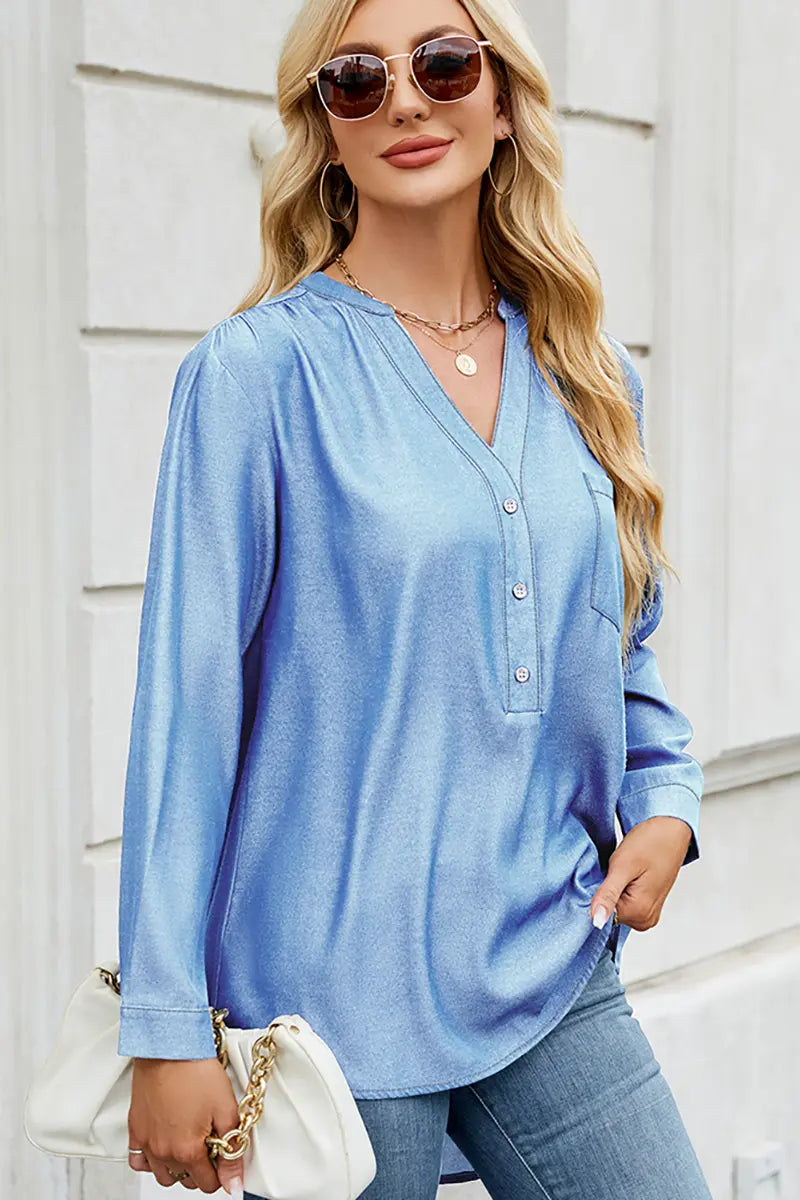 Chic Button-Down V-Neck Denim-Look Blouse