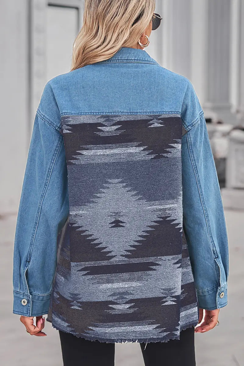 Aztec Geometric Long Denim Patchwork Wool Coat