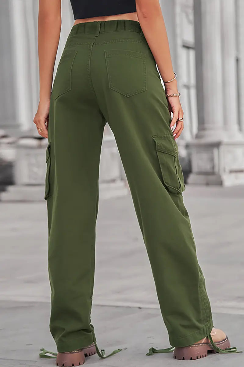 Casual Zipper Pocket Drawstring Denim Cargo Pants