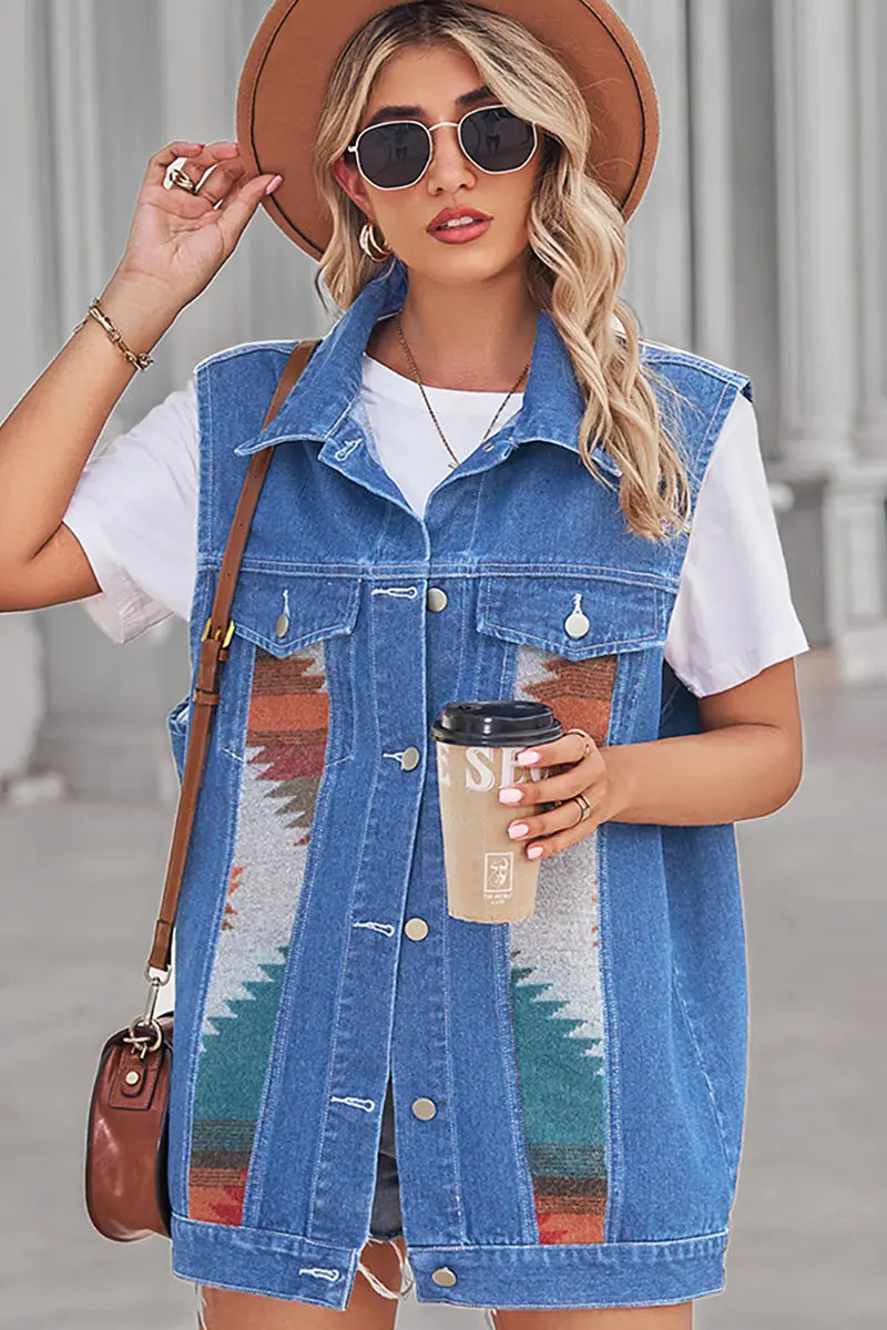 Retro Geometric Patchwork Denim Vest
