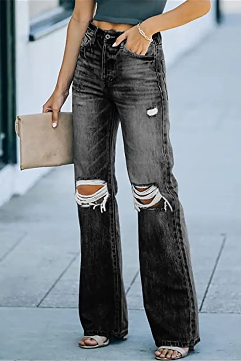 High-Waist Distressed Denim Pants