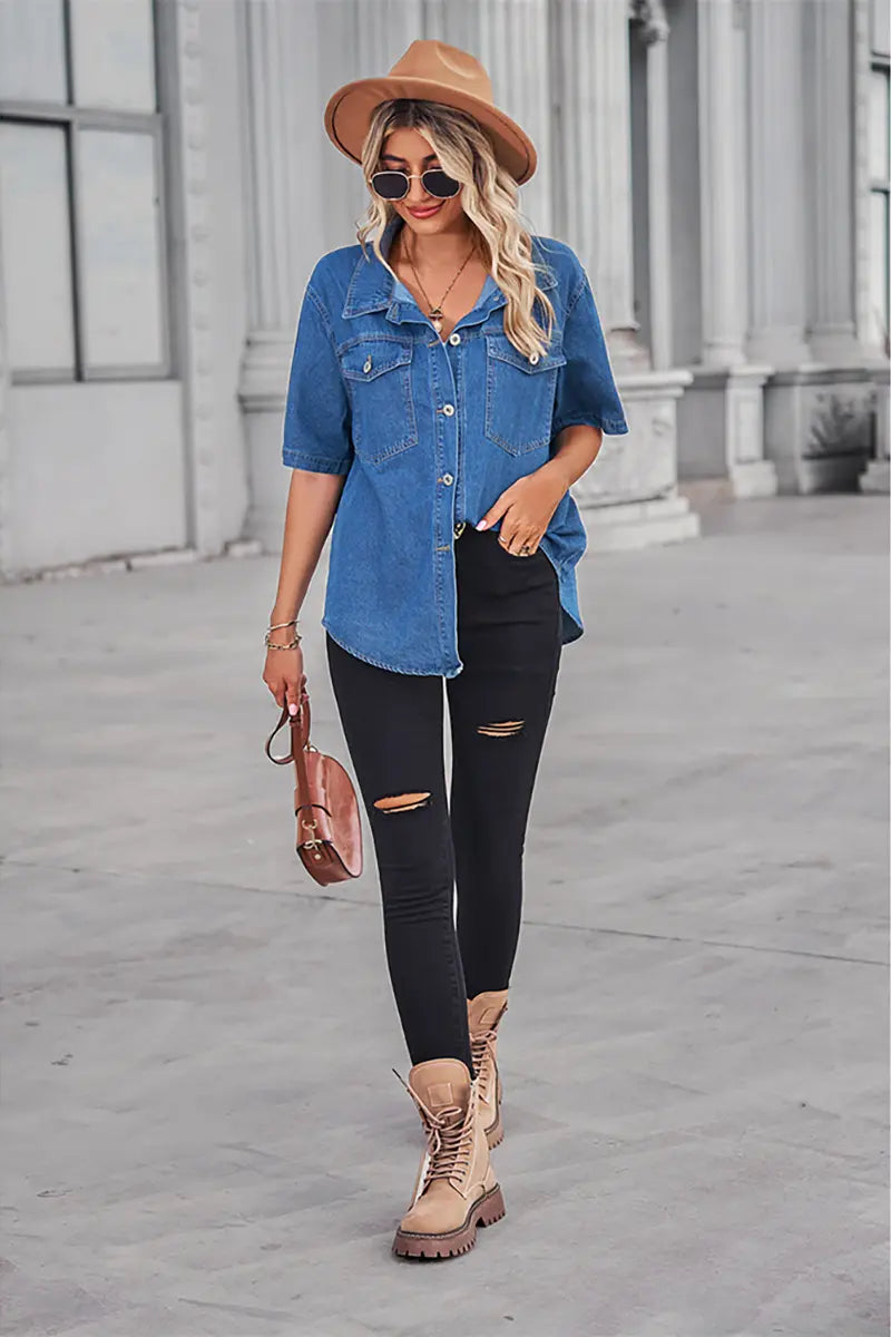 Zacht gewassen denim korte mouw cardigan
