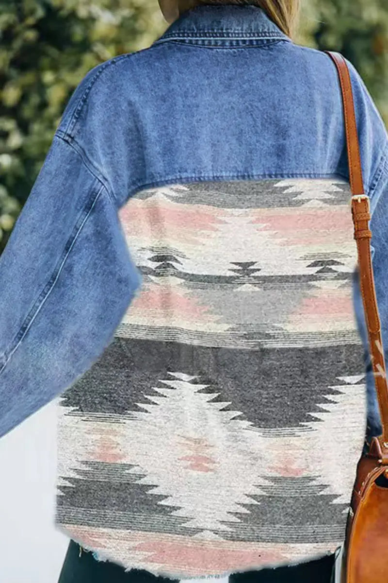 Boho Geometric Patchwork Denim Wool Coat
