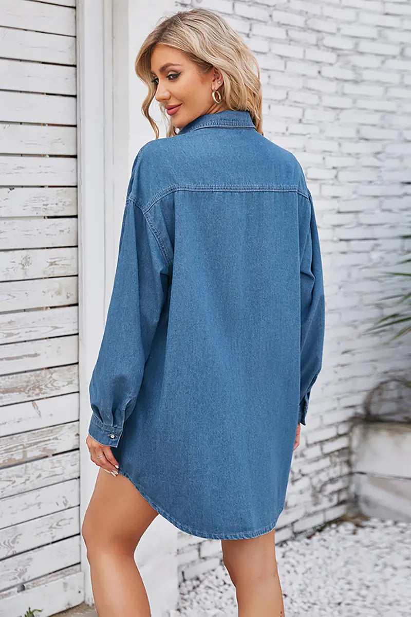 Vintage gewassen denim midi-jurk met lange mouwen