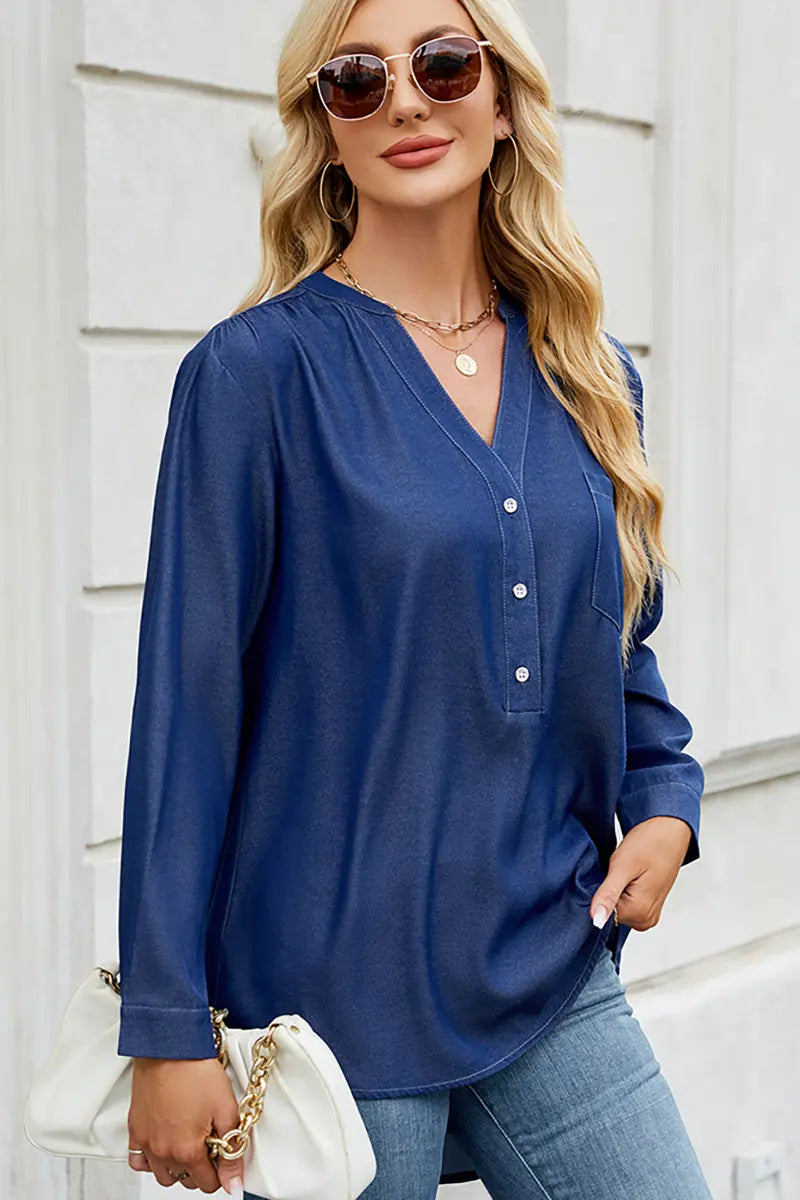 Chic Button-Down V-Neck Denim-Look Blouse