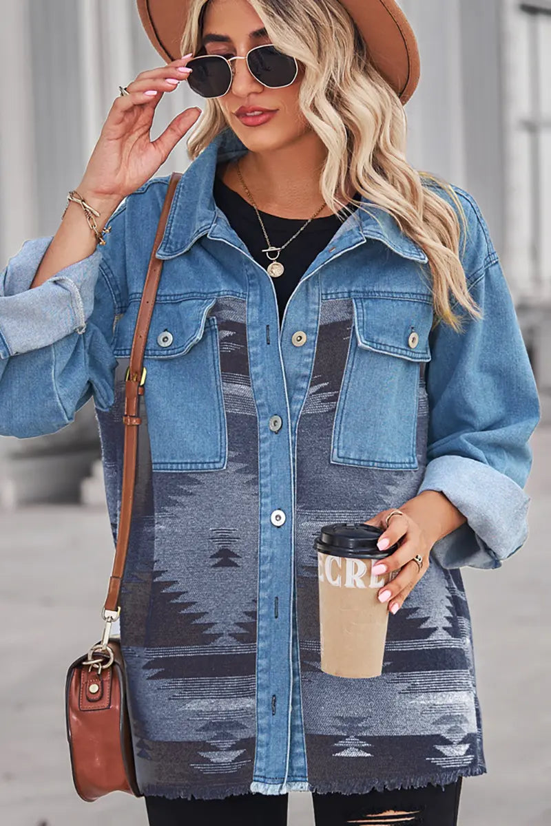 Aztec Geometric Long Denim Patchwork Wool Coat