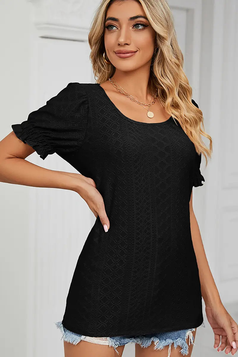 Zomer Effen Crew-Neck Top met Prinsessenhals en Mouwen