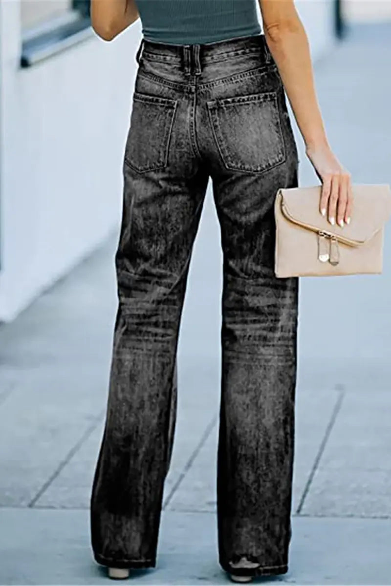 High-Waist Distressed Denim Pants