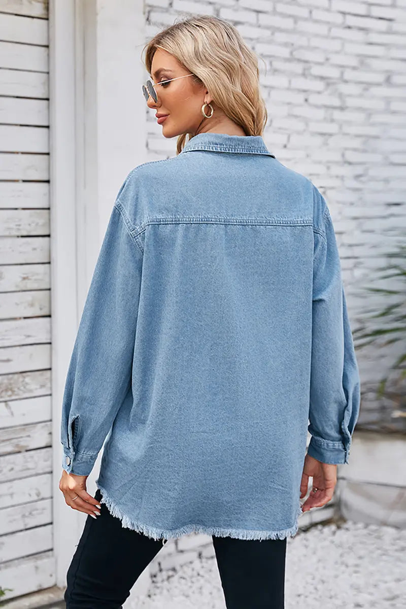 Frayed Hem Washed Denim Shirt
