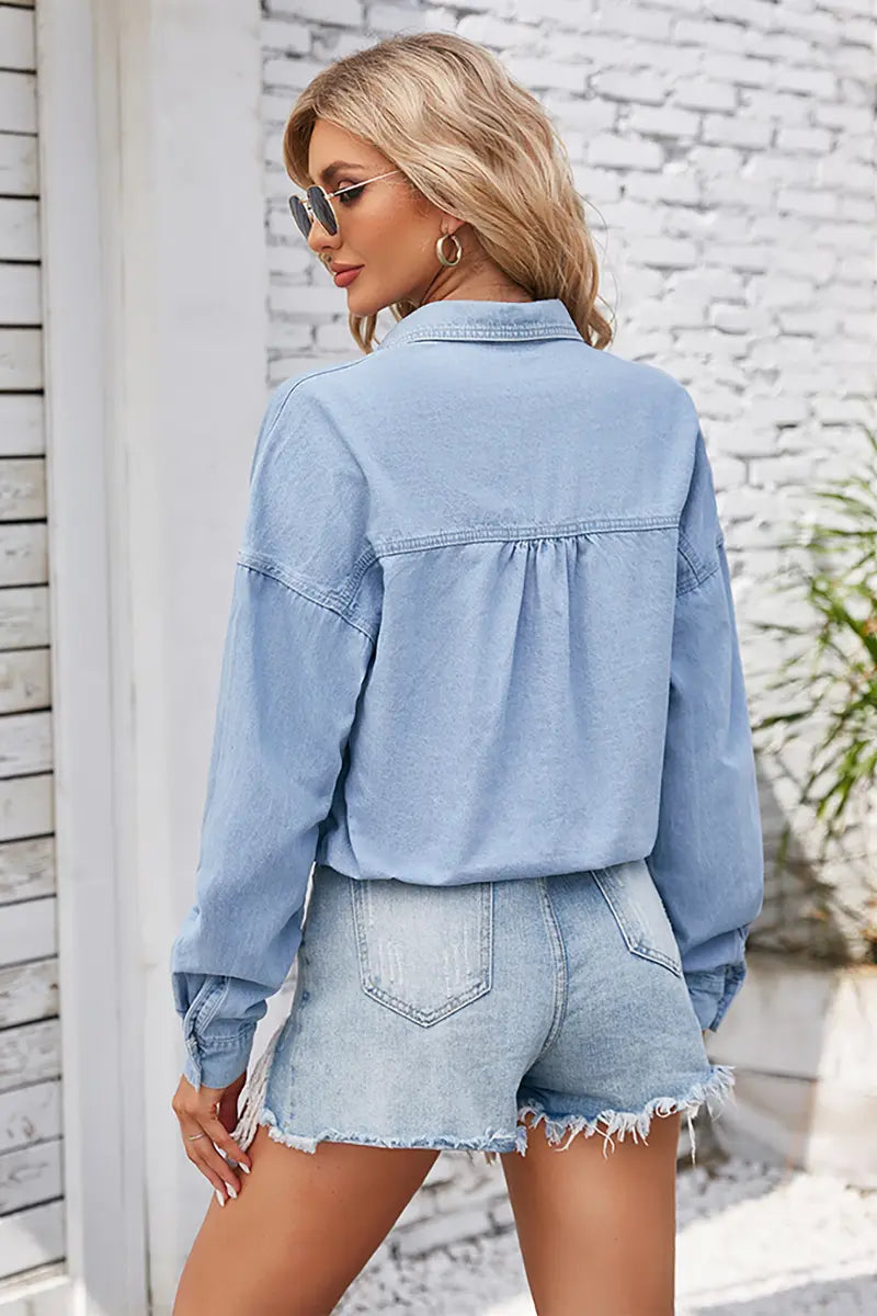 Lente Taillekoord Gewassen Denim Overhemd
