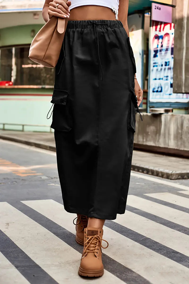 Drawstring Denim Cargo Midi Skirt
