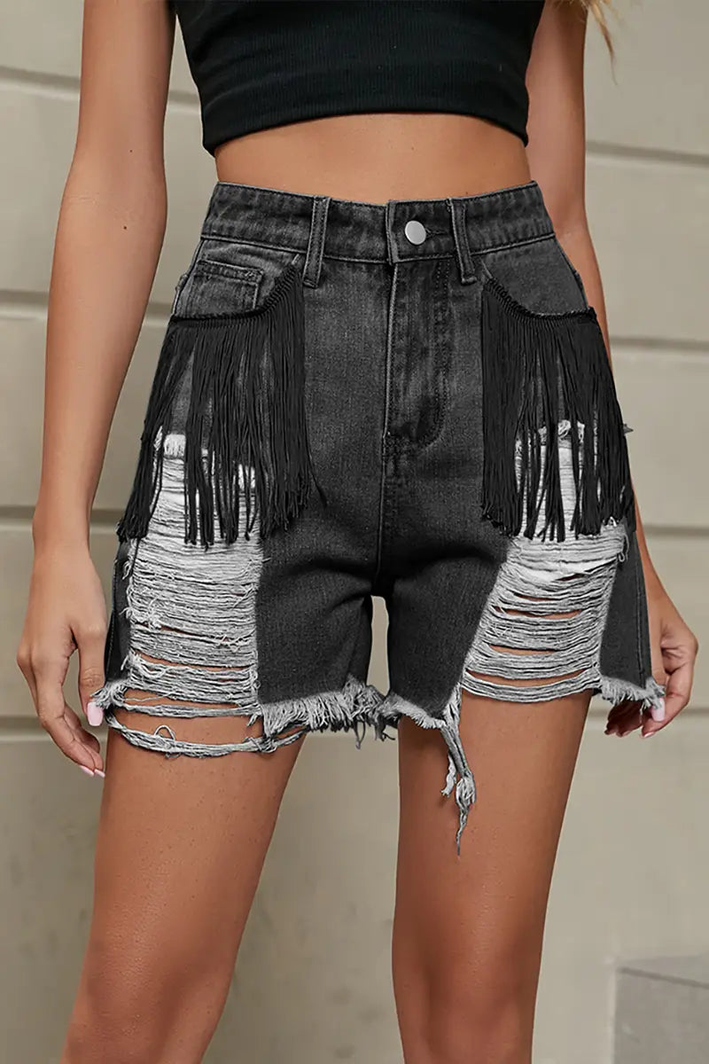 Fringe Washed Denim Shorts