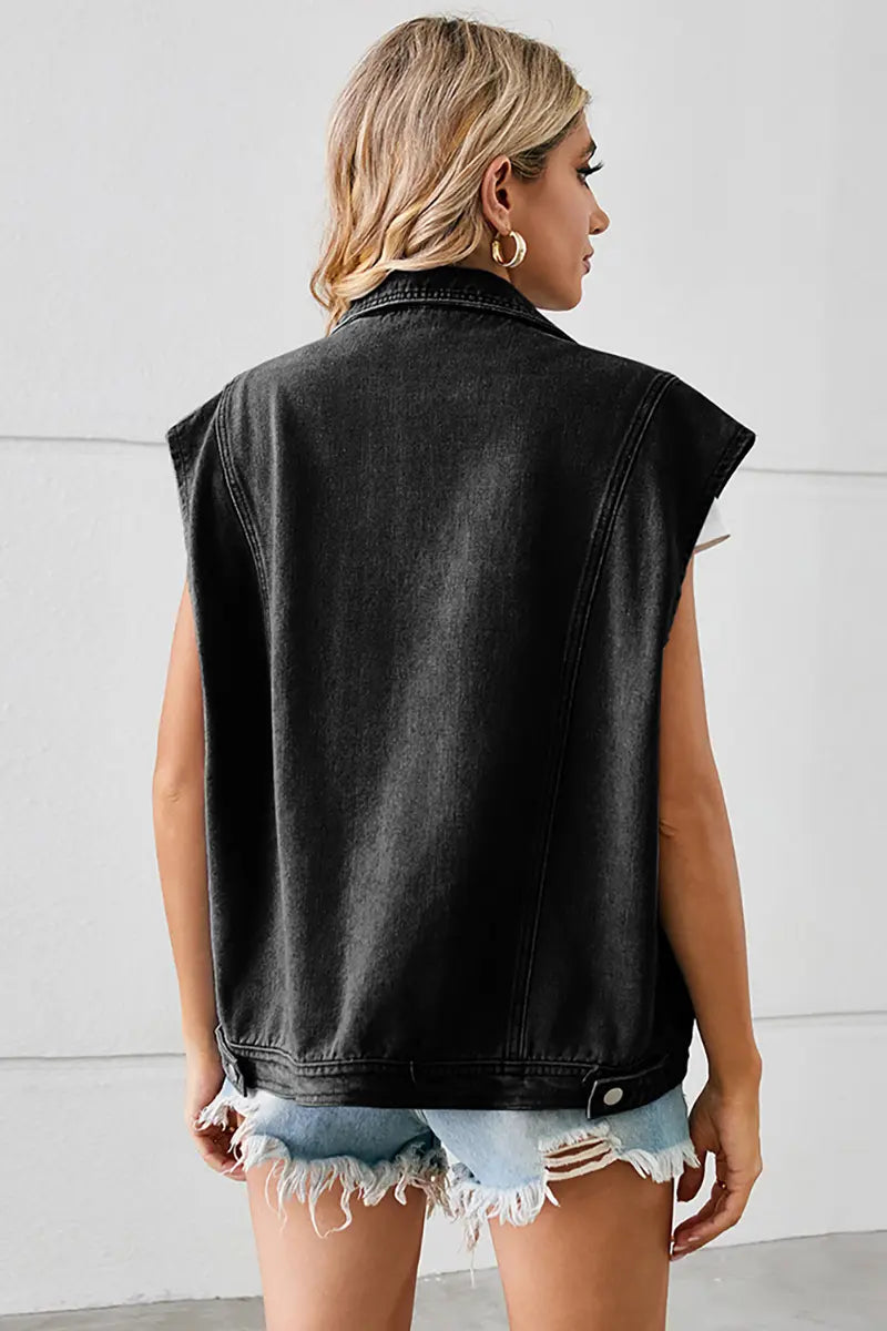 Loose-Fit Blazer Collar Washed Denim Vest