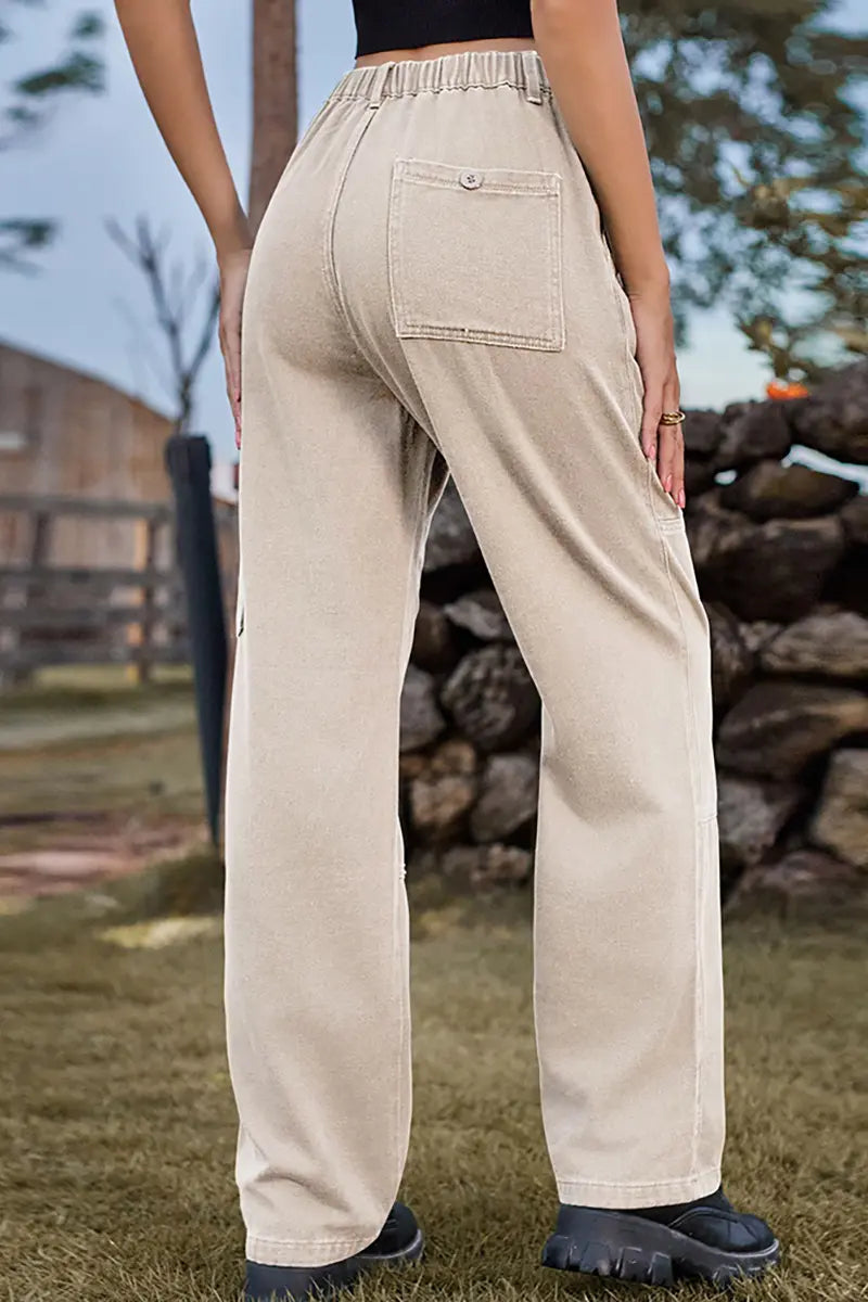 Elastic Waist Relaxed Fit Denim Cargo Pants