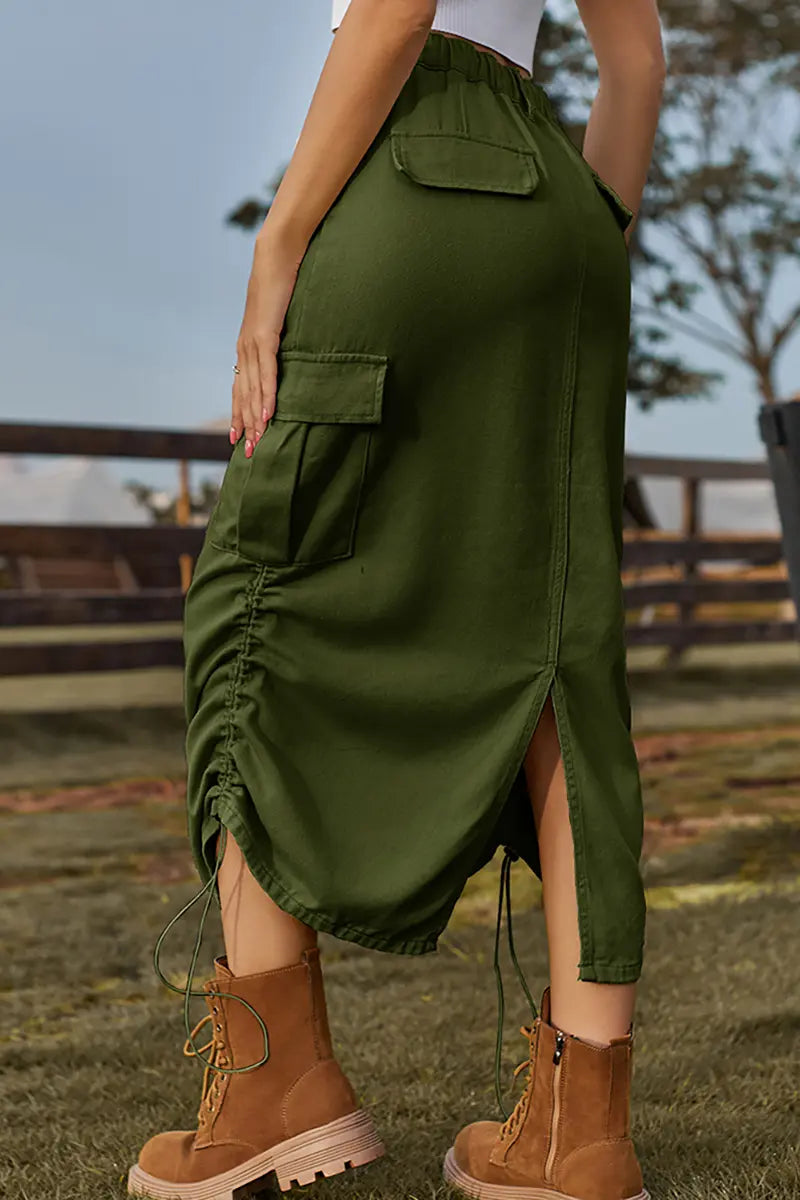 Drawstring Elastic Waist Cargo Midi Skirt
