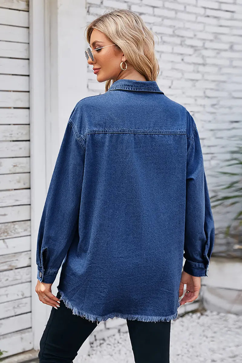 Frayed Hem Washed Denim Shirt