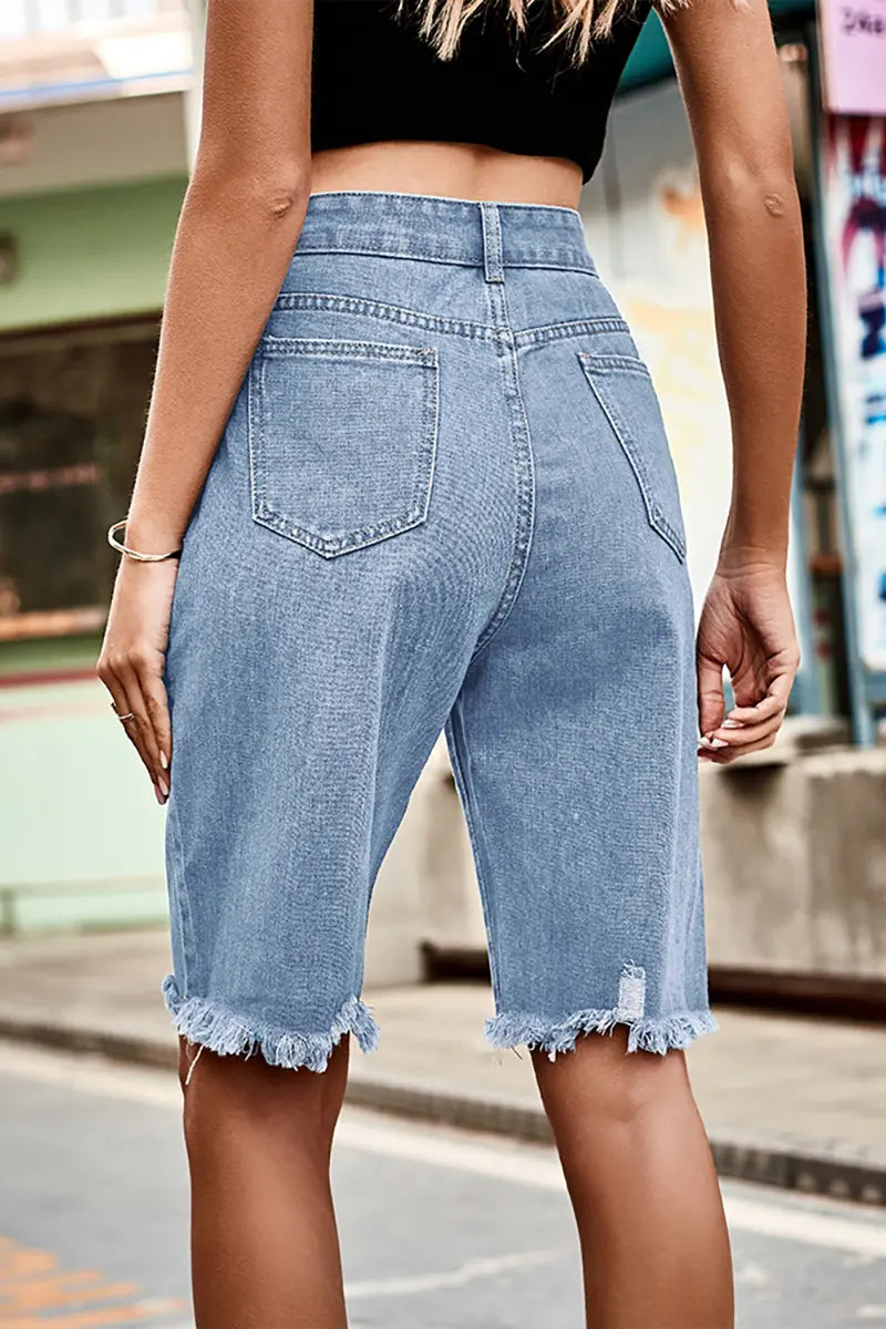 Distressed Fringe Hem Denim Shorts